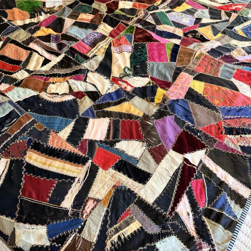 Antique Victorian Crazy Quilt 1903 Vintage Abstract Design Patchwork Quilt *tear